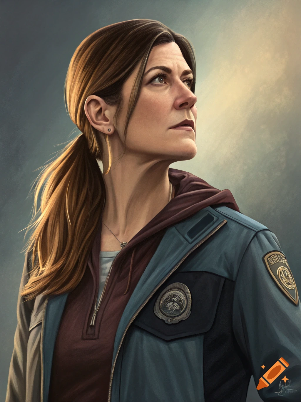 Portrait of a woman with a ponytail in a blue uniform jacket, looking up.