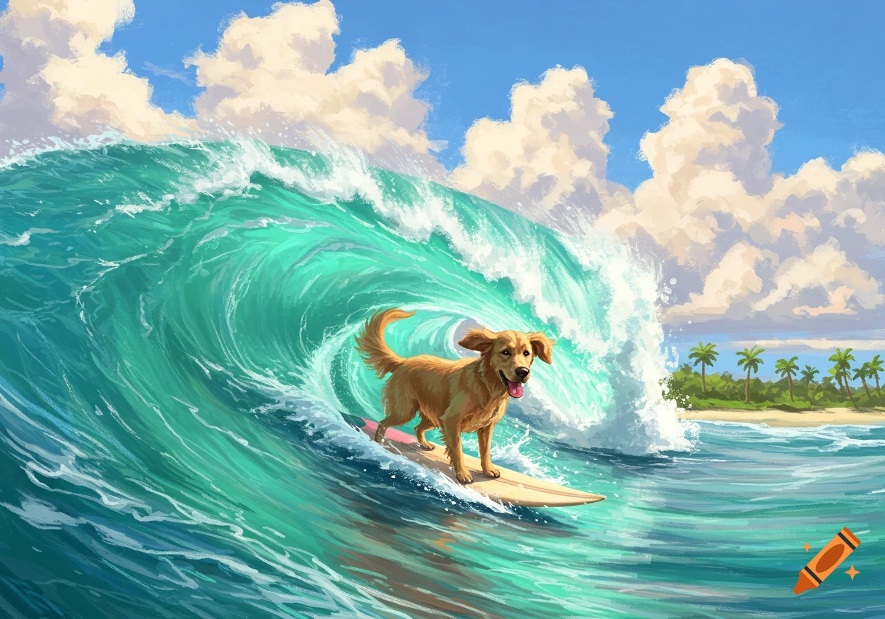 A happy golden retriever dog surfs a large green wave on a surfboard near a tropical beach in a digital painting style.