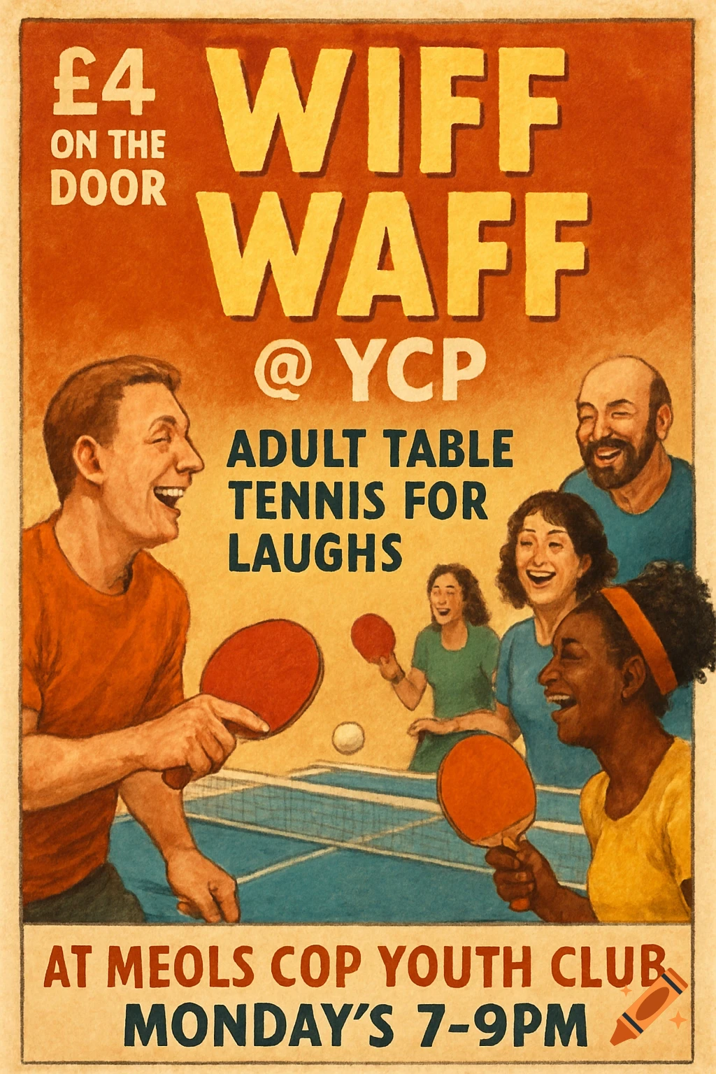 Vintage style poster for Wiff Waff table tennis event showing adults playing and laughing.