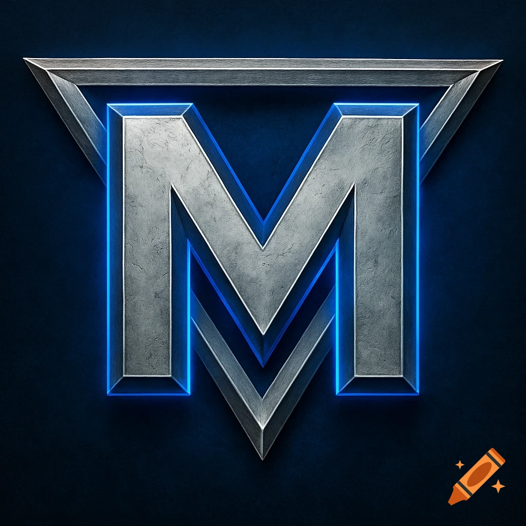 Stylized metallic letter M with blue neon glow on a dark background