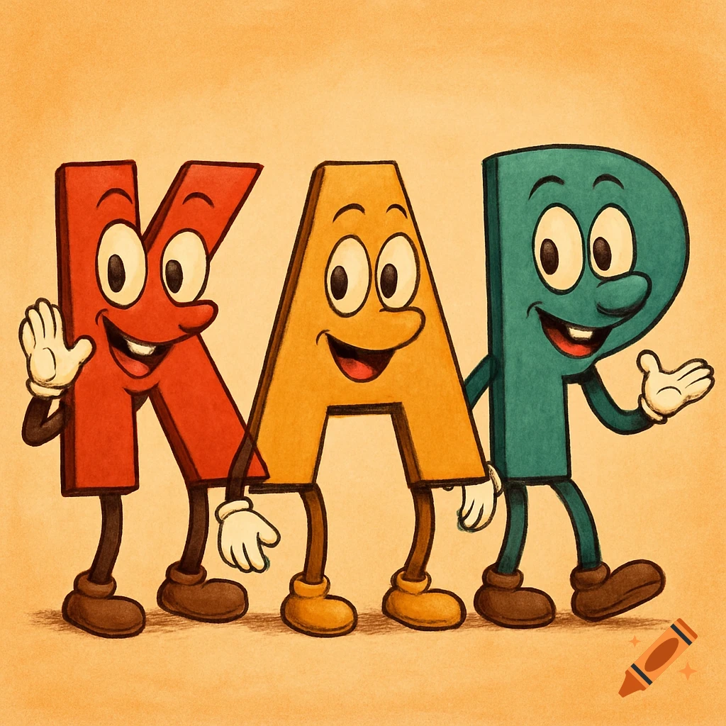 Three animated letters K, A, and P with faces and legs, walking together in a vintage cartoon style.