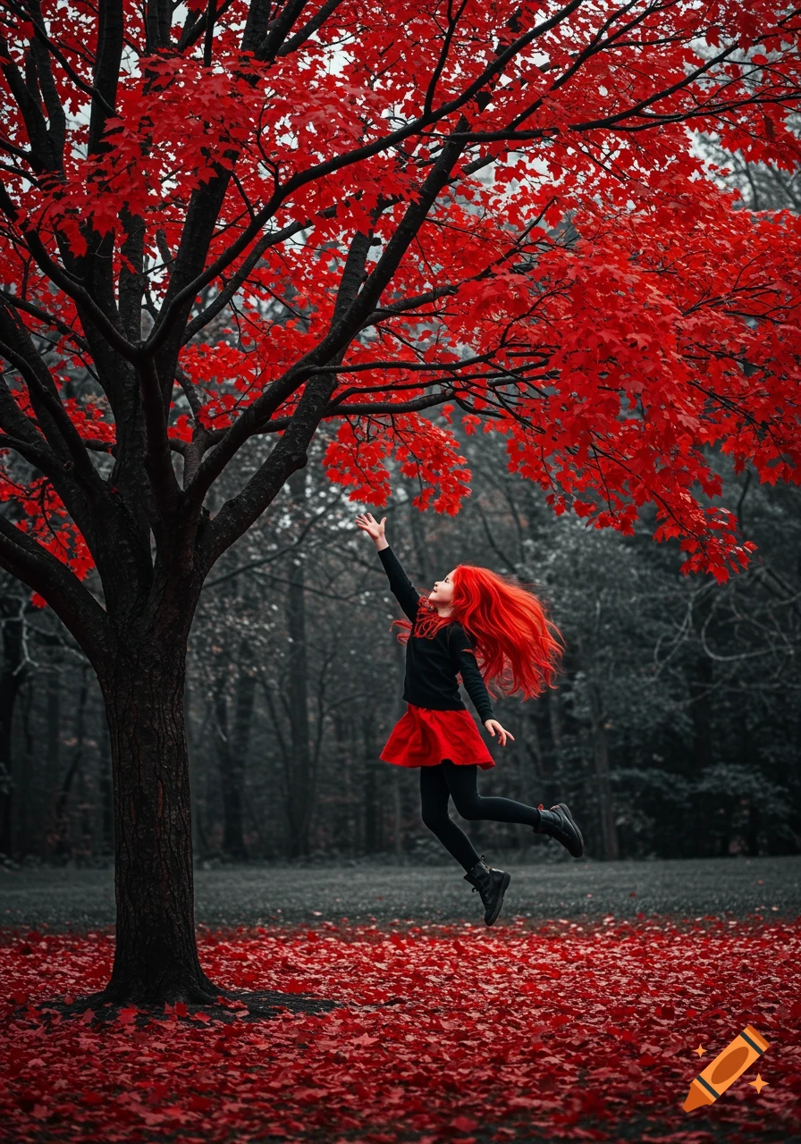 Girl with red hair jumps towards red tree in gloomy forest.