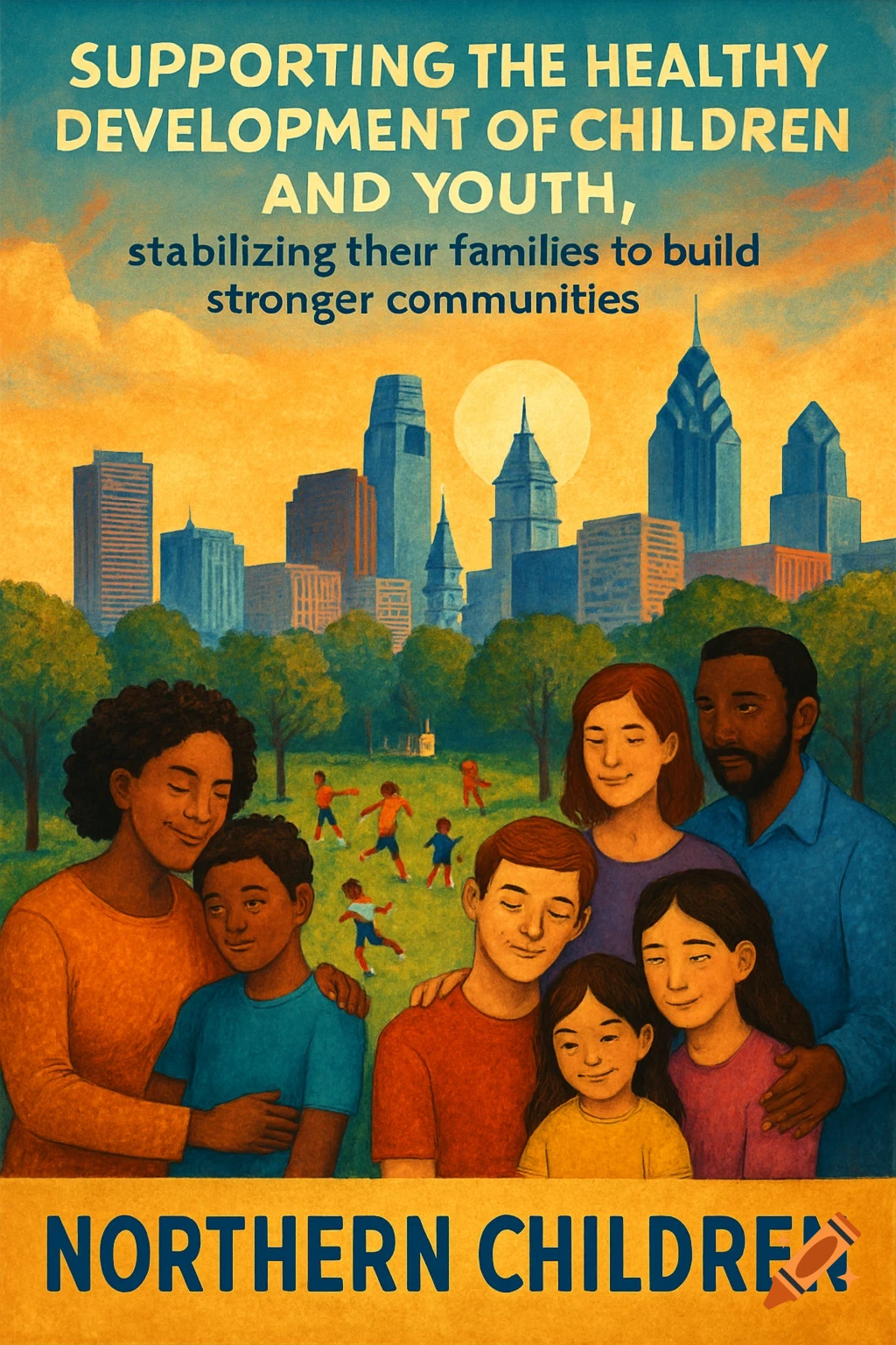 Illustration of diverse families and children in a park with a city skyline in the background, featuring text about supporting children and families.