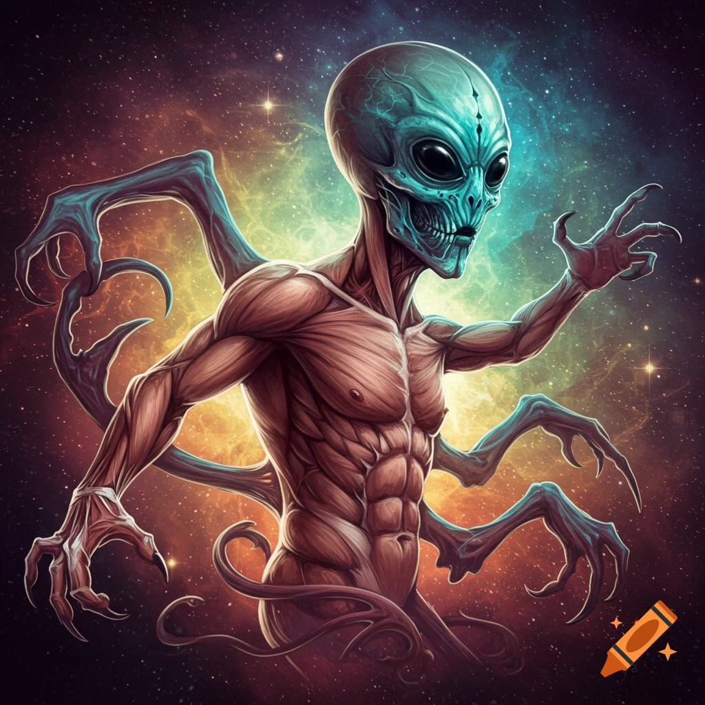 A skeletal alien creature with blue skin, exposed muscles, and multiple arms set against a cosmic background.