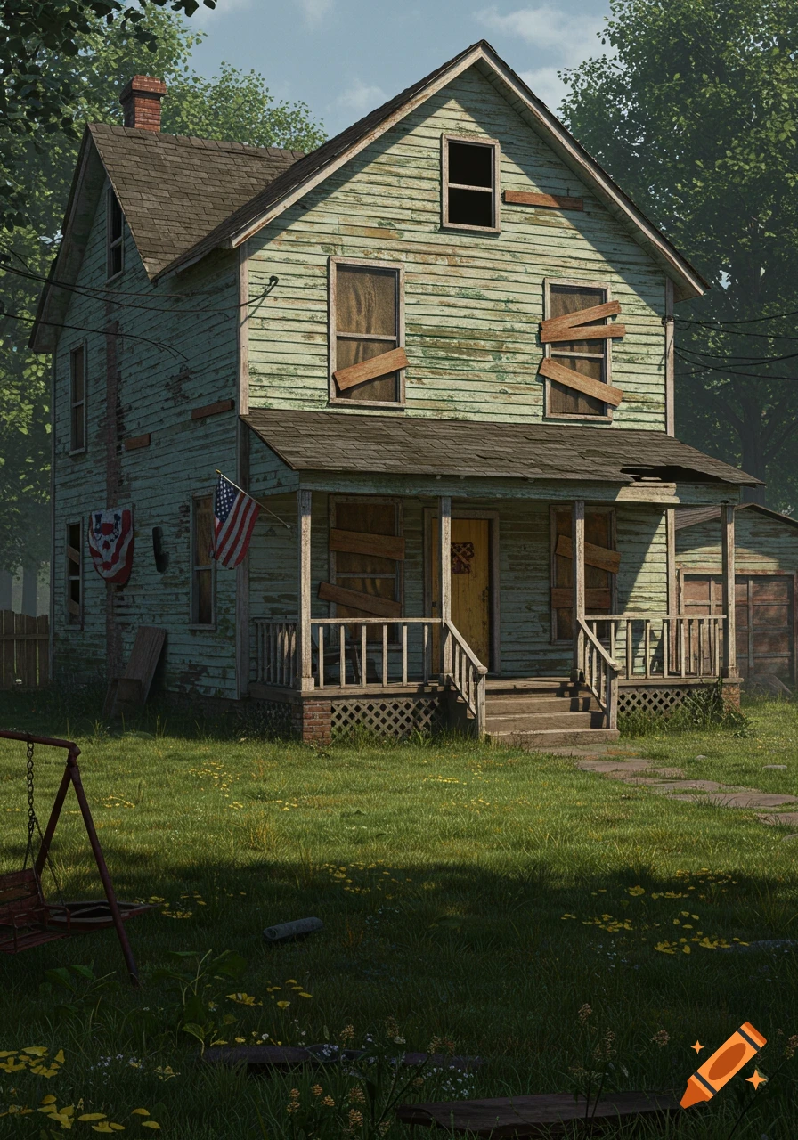 Run-down abandoned house with boarded windows, peeling paint, American flag, and swing set in a grassy yard.