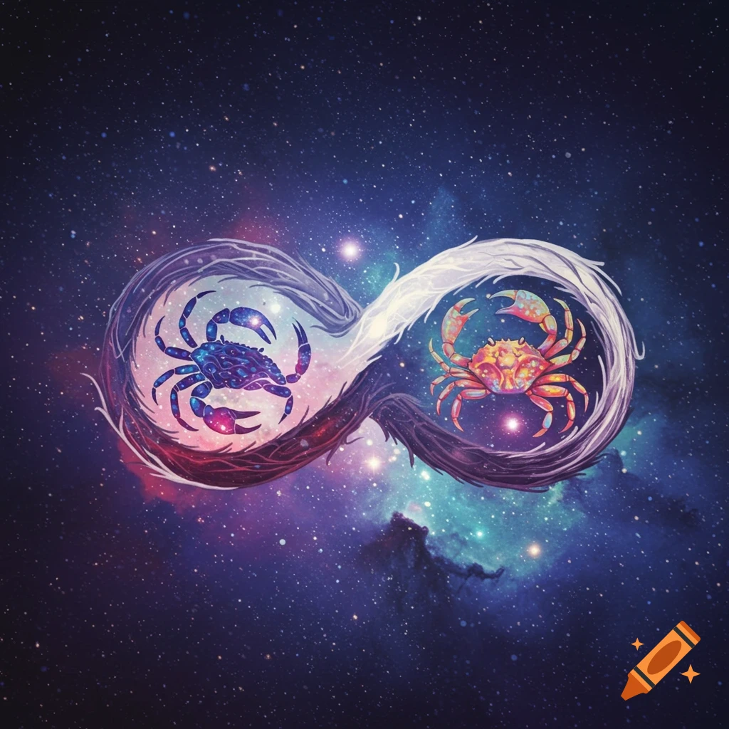 Two stylized crabs in an infinity symbol against a starry galaxy background.