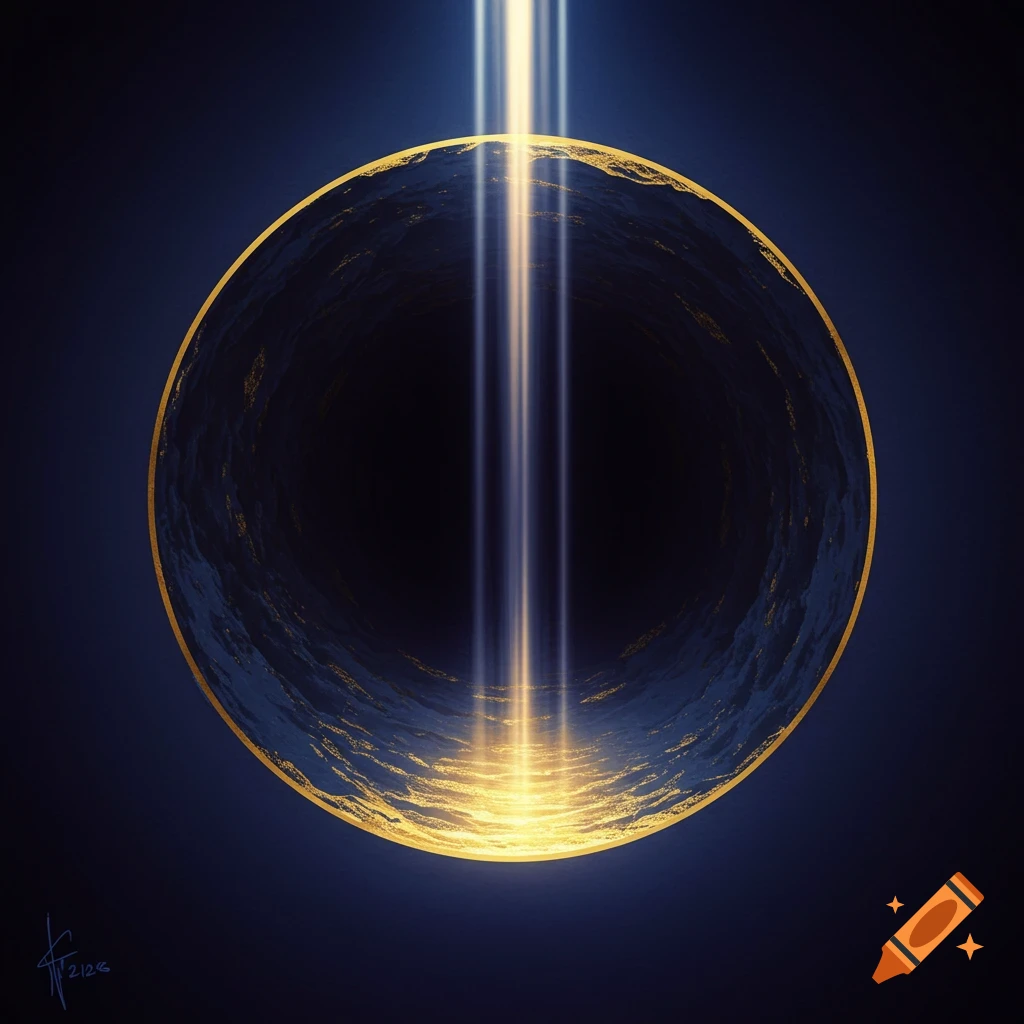 Abstract image of a dark circle with a golden edge, illuminated by vertical beams of light from above.