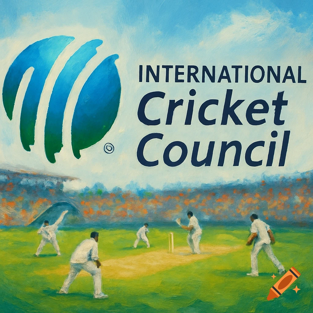 A painting of a cricket match with players and stadium featuring the International Cricket Council logo and text.