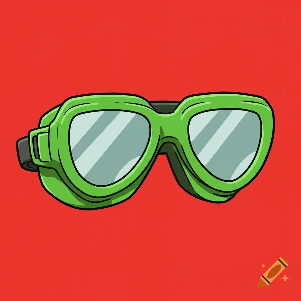 Cartoon illustration of green goggles on a red background.