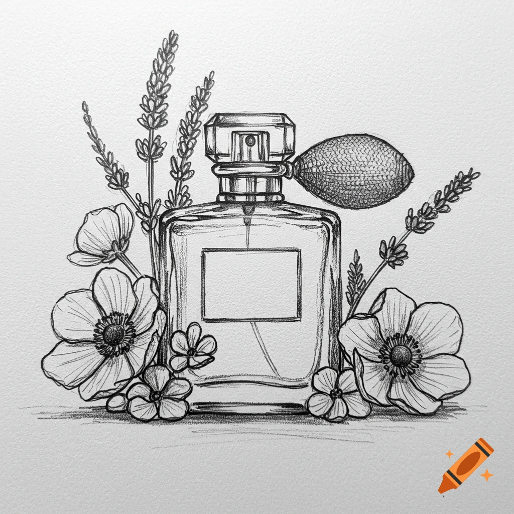 Pencil sketch of a perfume bottle surrounded by flowers and lavender.