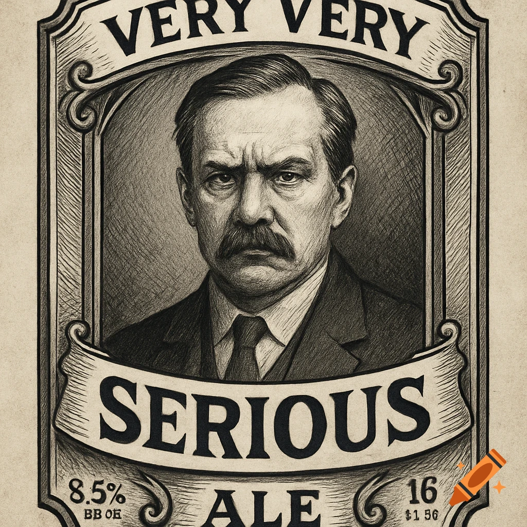 Engraving-style label art featuring a stern man in a suit and tie, with decorative borders and text reading 'VERY VERY SERIOUS ALE'.
