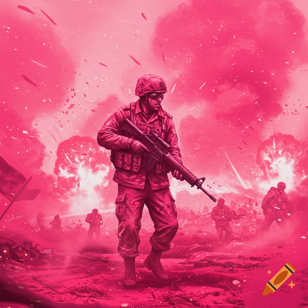 Pink illustration of a soldier in a war zone with explosions and debris.