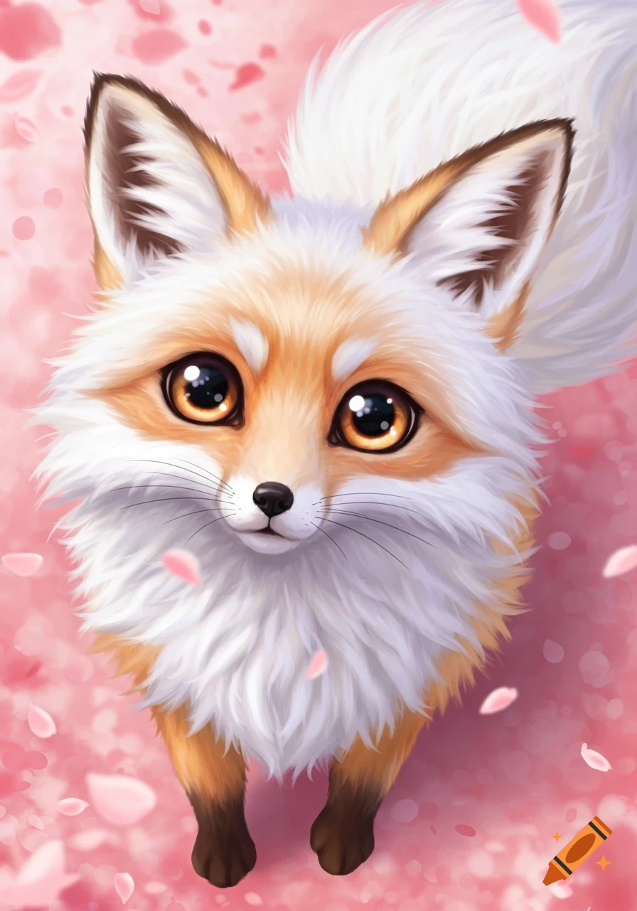 A cute anime-style fox with large eyes looks up against a pink background with cherry blossom petals.