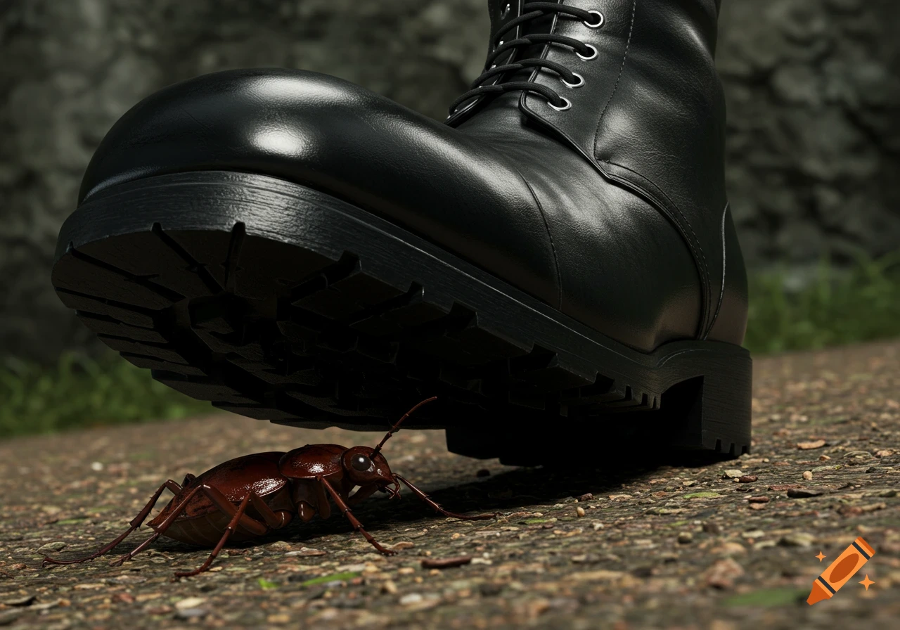 A large black boot looms over a cockroach on the ground, viewed from the bug's perspective.
