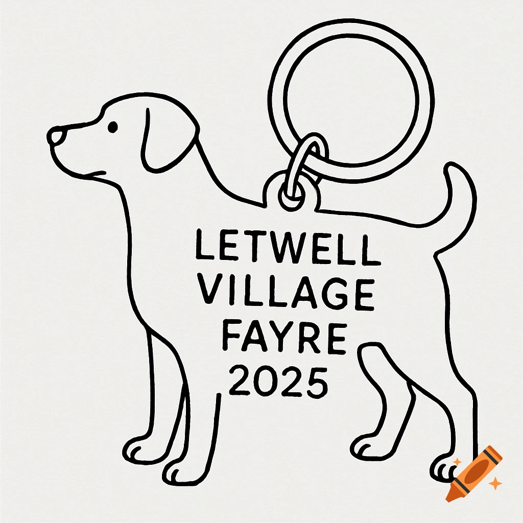 Line drawing of a dog-shaped keychain with "LETWELL VILLAGE FAYRE 2025" written on it.