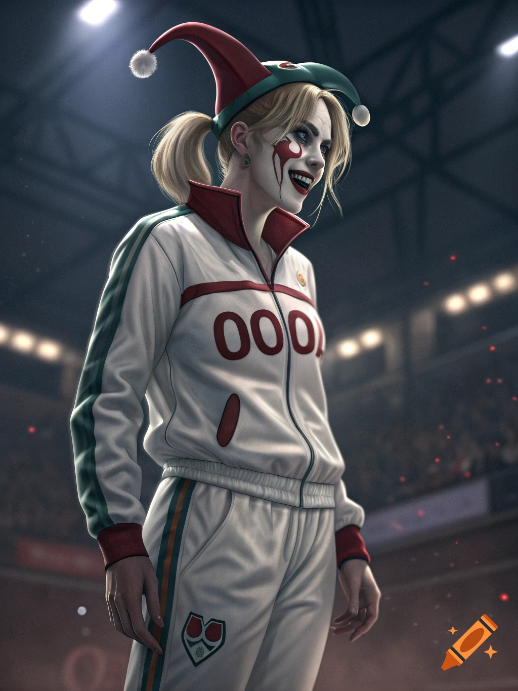 Woman in clown makeup and jester hat wearing a white tracksuit with '000' on it in a stadium