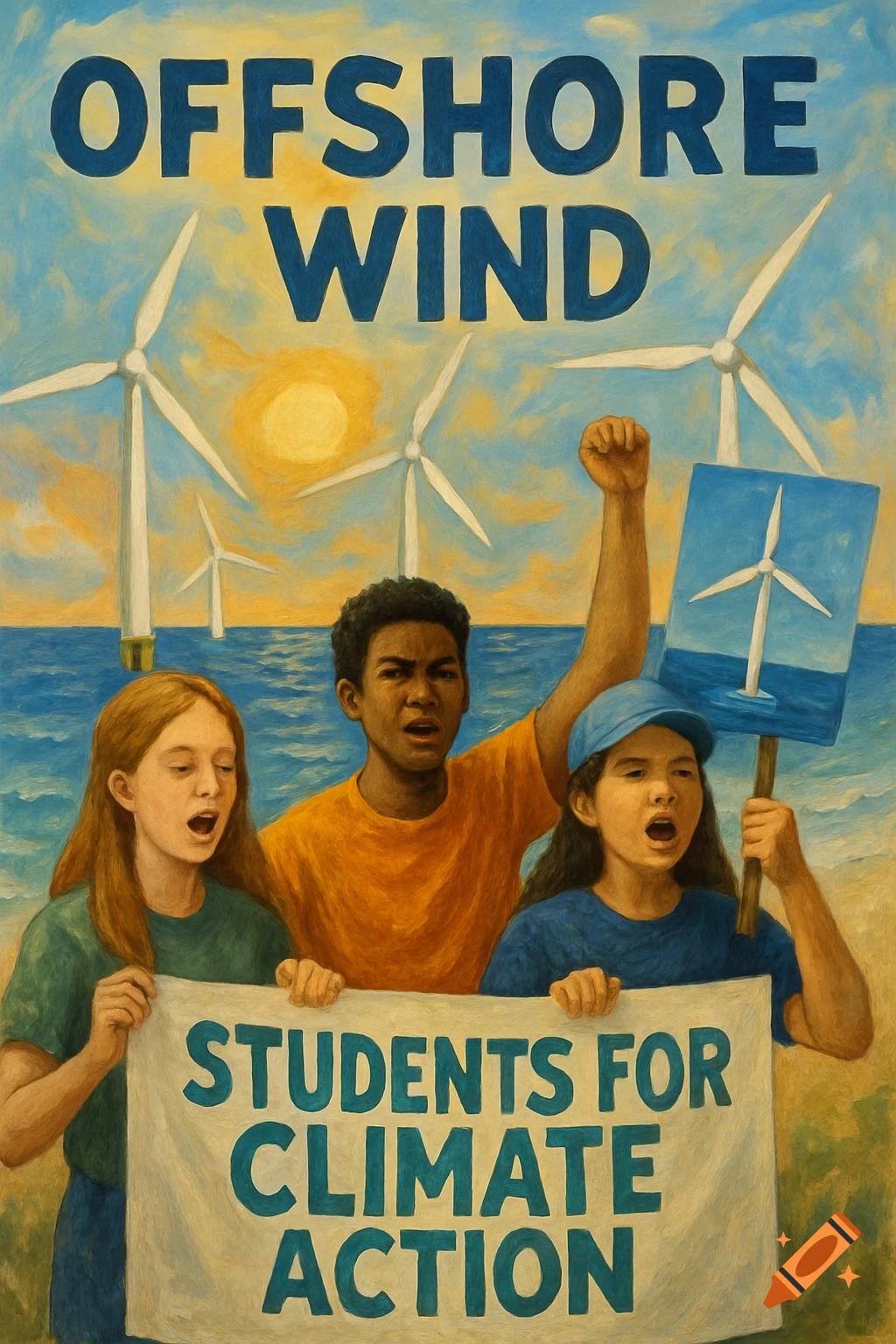 Painting of three students holding a banner 'Students for Climate Action' with offshore wind turbines behind them.