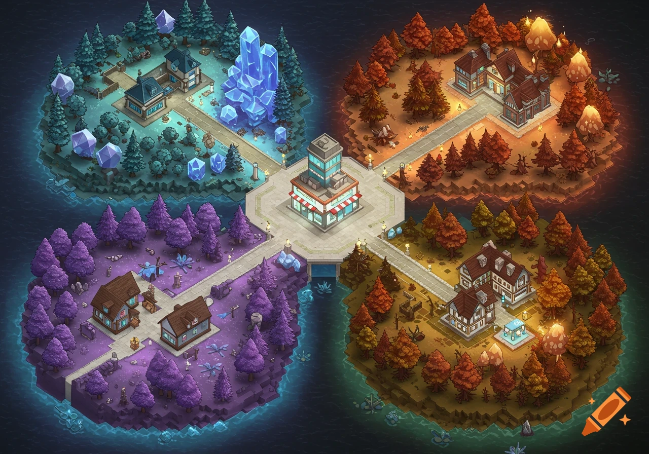 Isometric game map with central building and four biomes: crystal, purple fantasy, autumnal, and rocky.