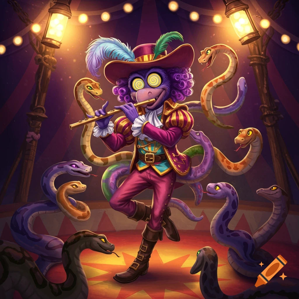 A purple monkey-like character in a flamboyant hat plays a flute surrounded by colorful snakes in a circus tent.