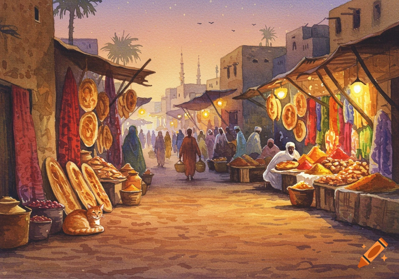 Watercolor painting of a bustling market at dusk with people and a cat.