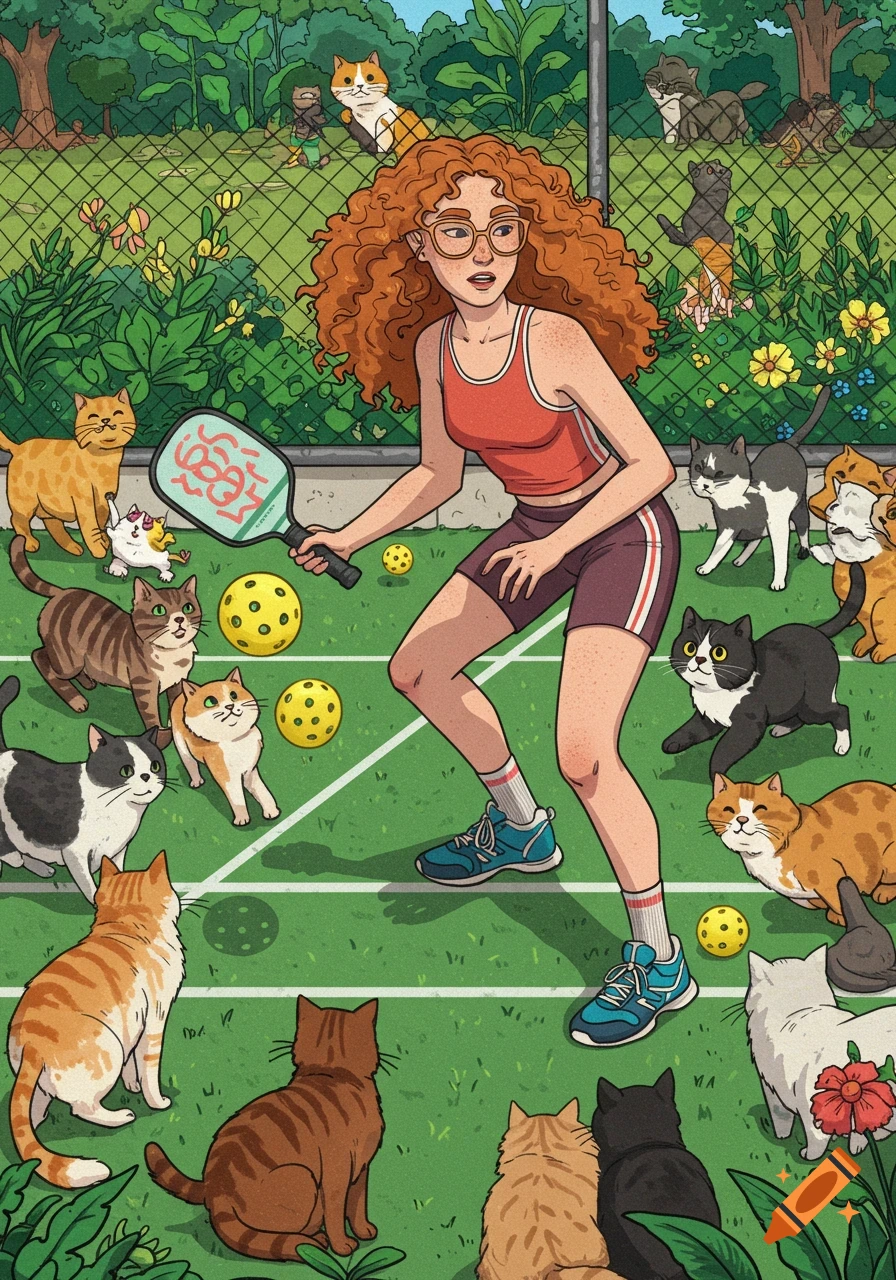 An illustration of a woman playing pickleball surrounded by many cats on a court.