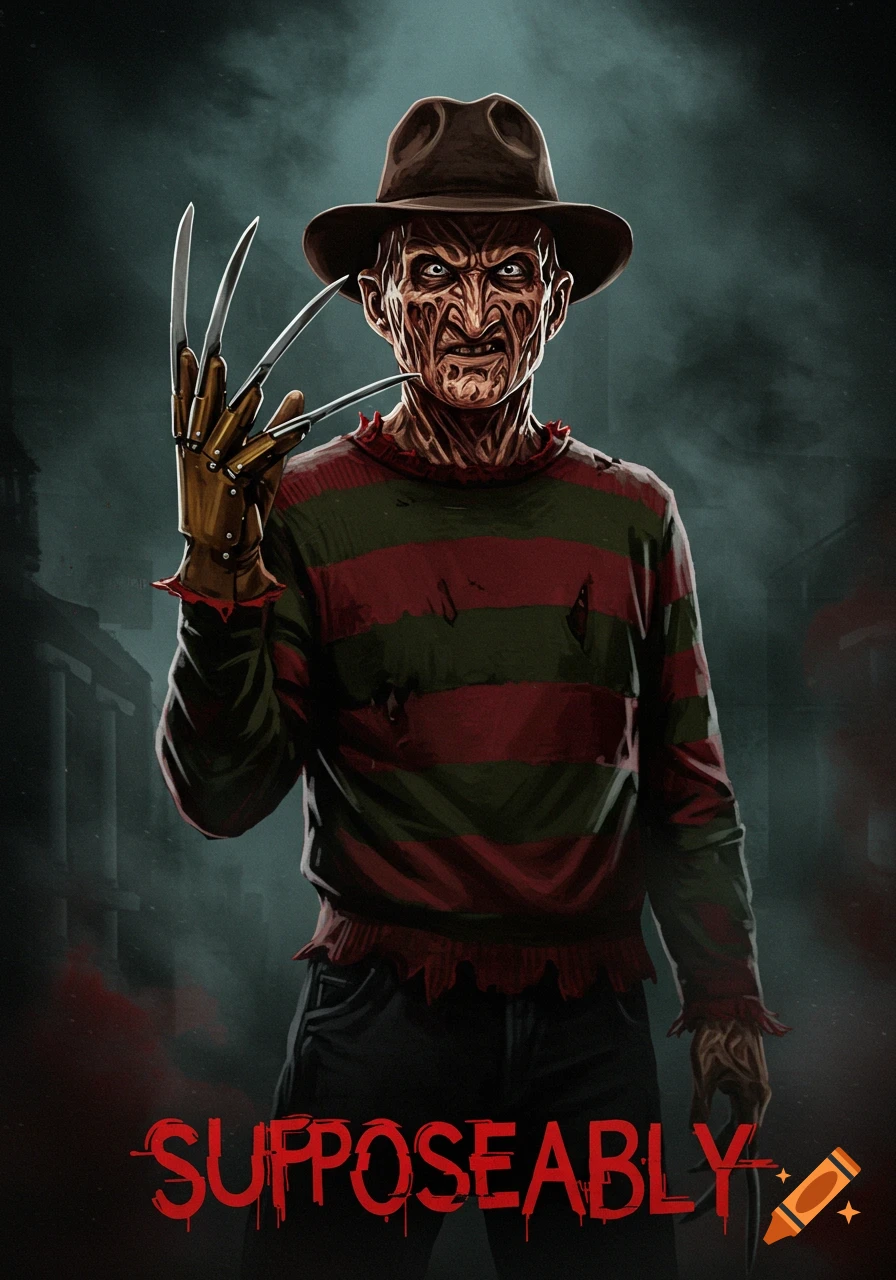 Digital illustration of Freddy Krueger standing and holding up his clawed glove.