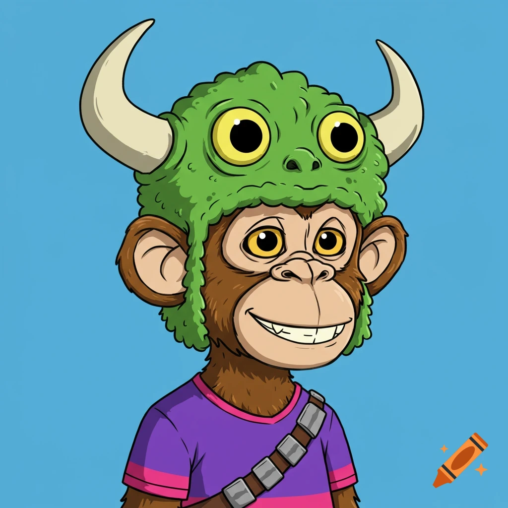 Cartoon monkey wearing a green monster hat with horns and a purple and pink shirt.