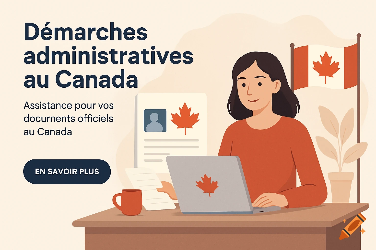 An illustration of a woman using a laptop at a desk with Canadian documents and a flag.