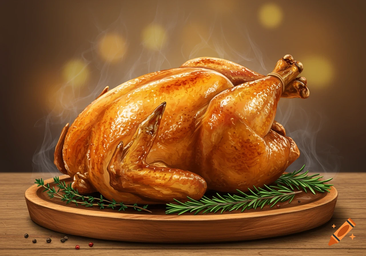 Roasted chicken on a wooden plate with rosemary and peppercorns, steam rising.