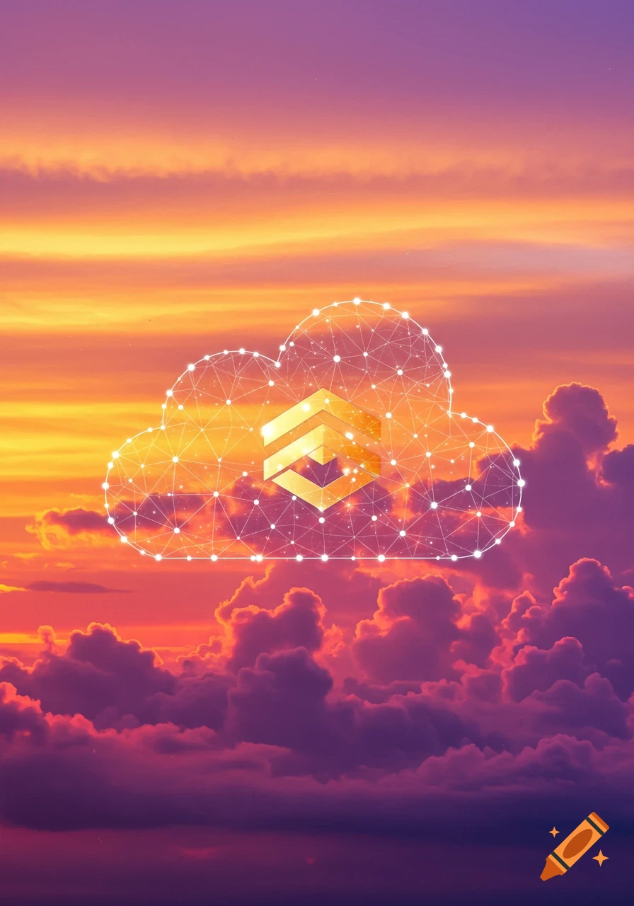 Algorand logo in a network cloud over a vibrant orange and purple sunset sky.