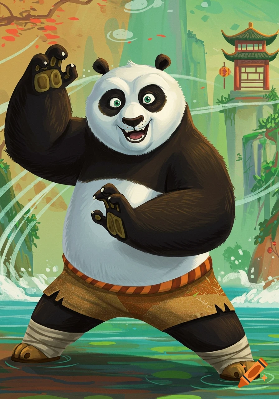 Cartoon panda doing kung fu in a stylized landscape.