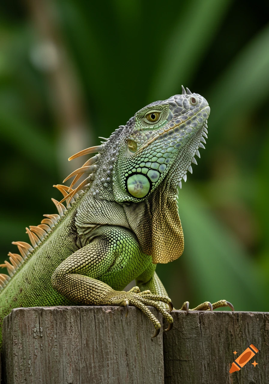 Close-up of a green iguana sitting on a wooden post, looking upwards. Photorealistic.