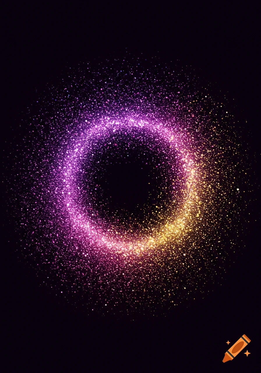 A shimmering ring of purple and gold particles against a dark background.