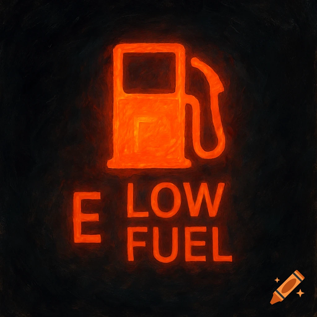 Glowing orange low fuel warning light icon and text 'E LOW FUEL' on a dark background, stylized.