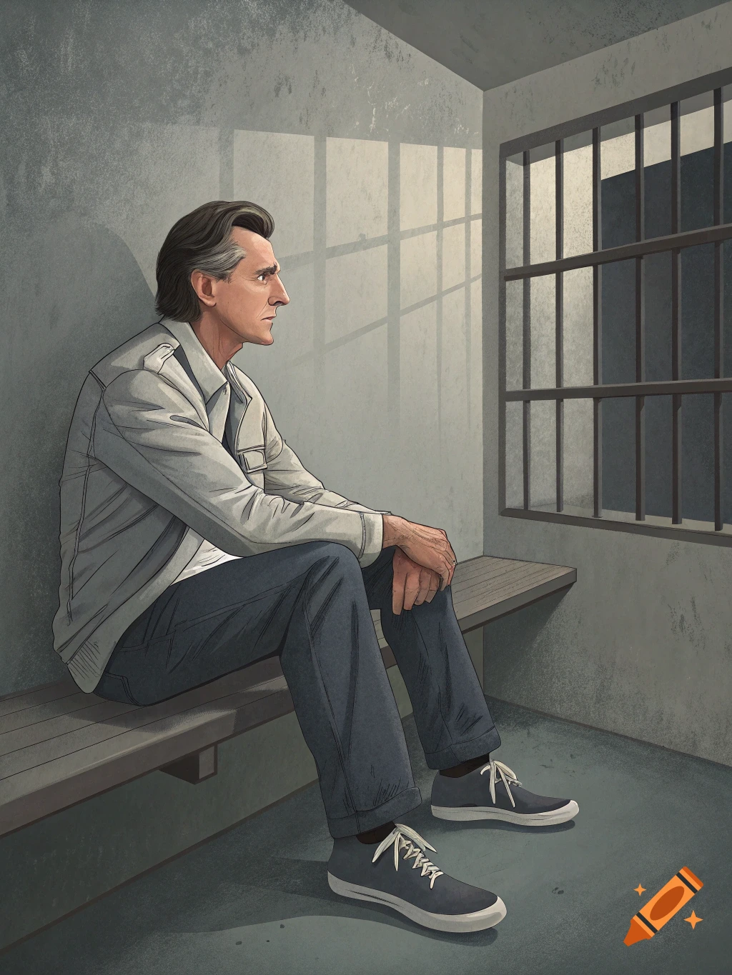 Illustration of a man sitting on a bench in a jail cell, looking towards a barred window.