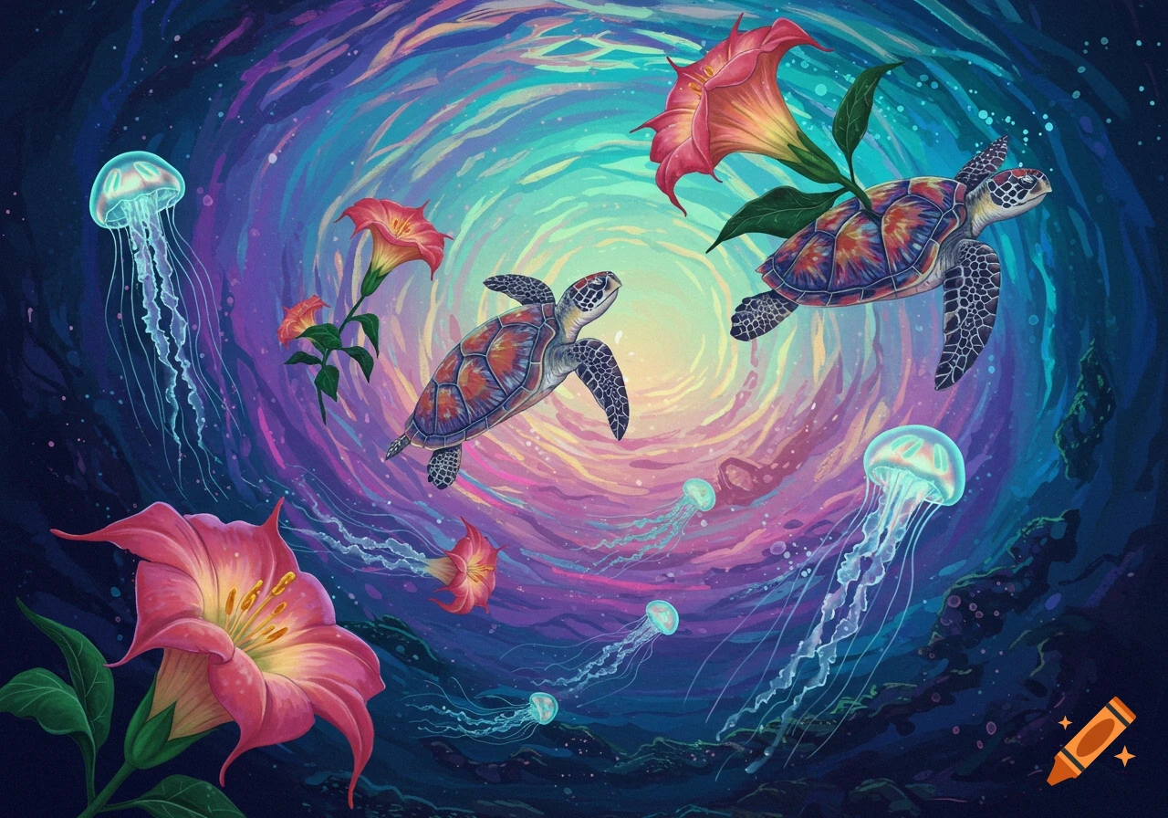 Colorful sea turtles and jellyfish swim among glowing flowers in a surreal swirling underwater landscape.