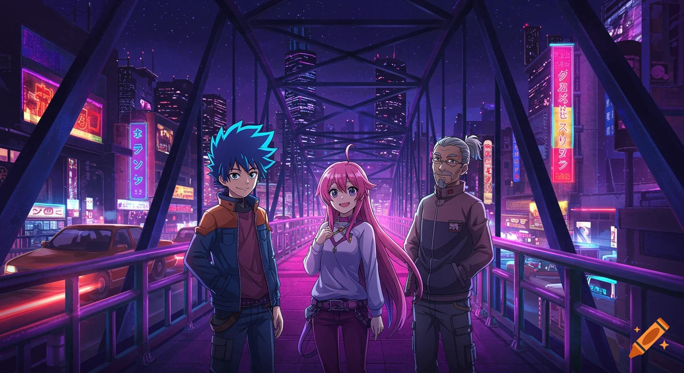 Three anime characters stand on a bridge at night with neon city lights in the background.
