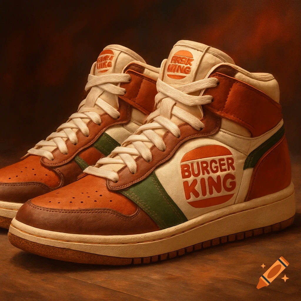 Close-up of high-top sneakers in brown, orange, and green, styled with Burger King logo.