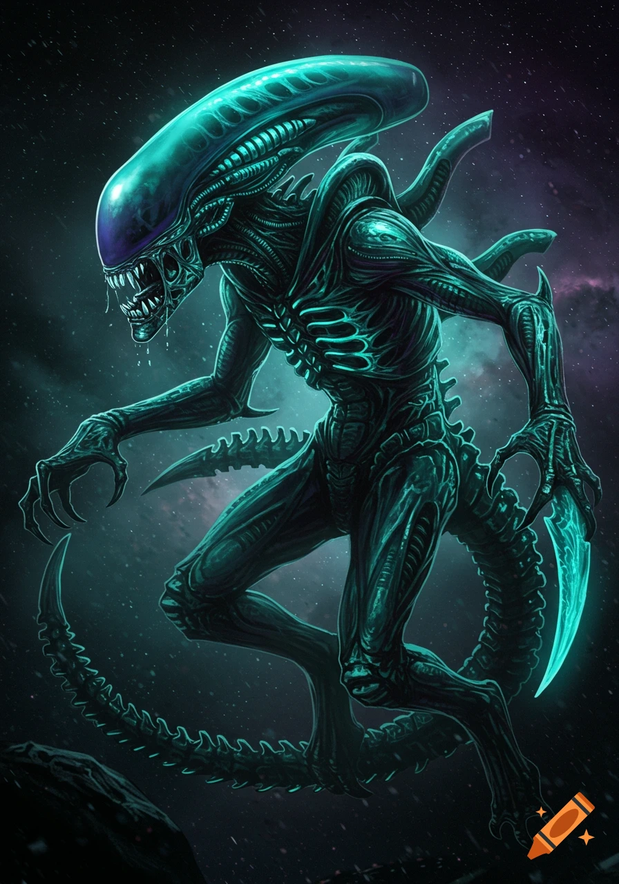 A dark sci-fi alien creature similar to a xenomorph stands in space with claws and a tail.