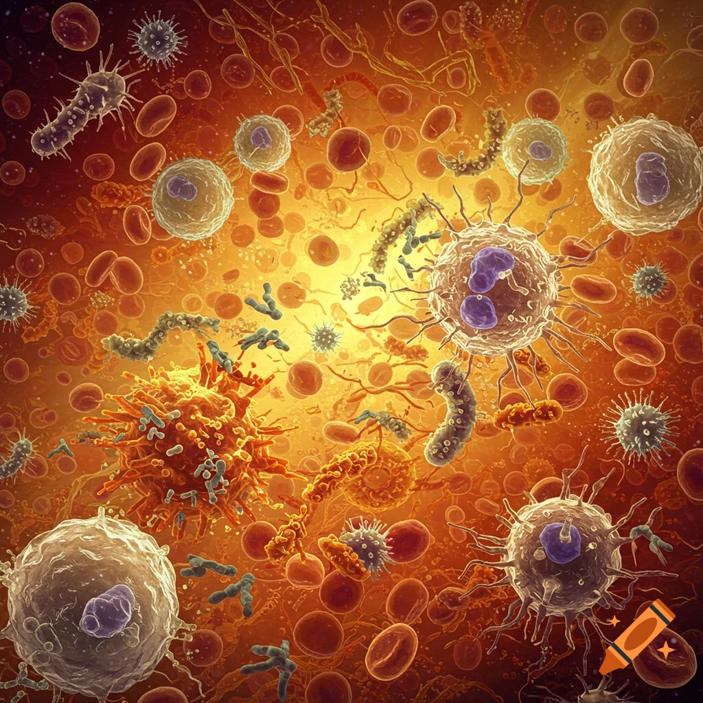 Microscopic view of blood cells and various immune response elements.
