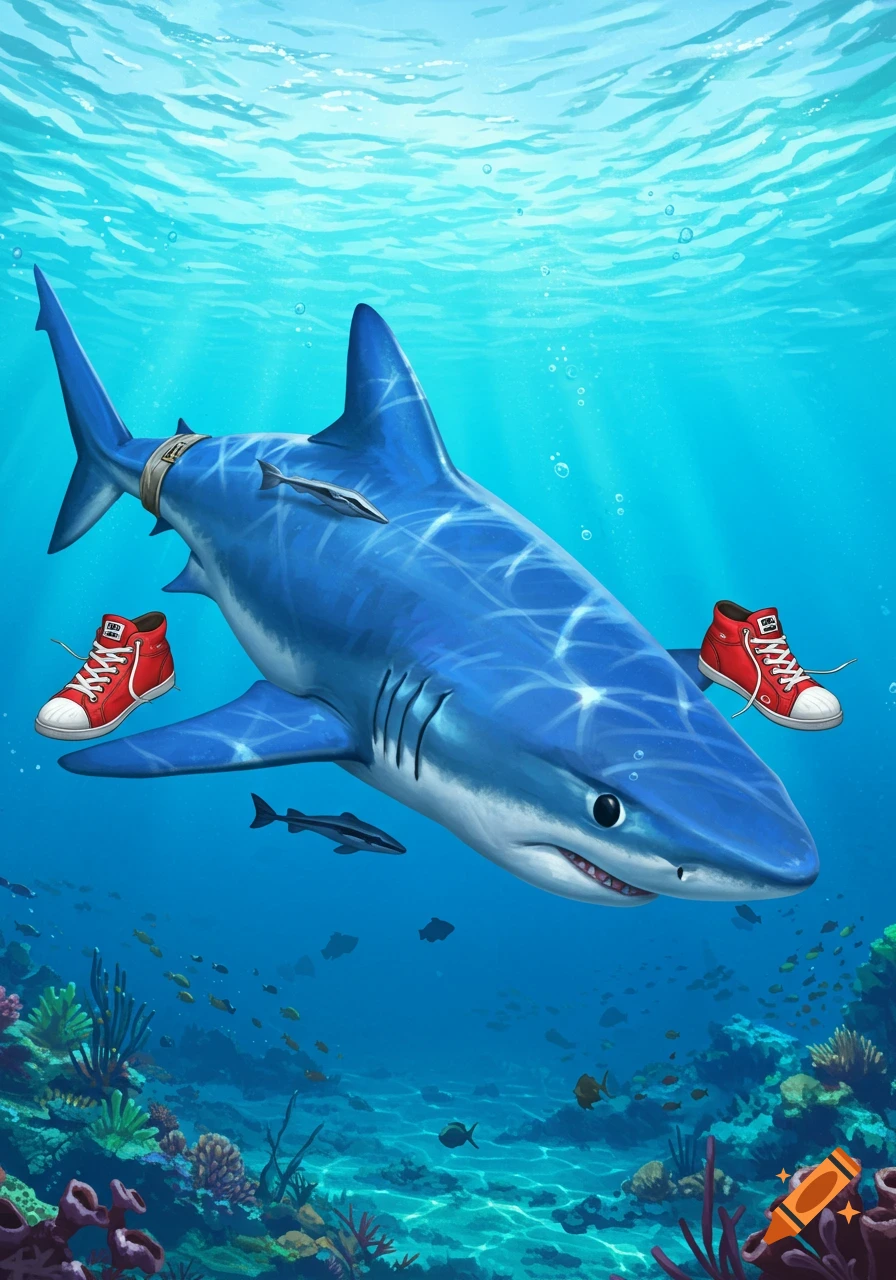 A blue shark wearing red shoes swims underwater near a coral reef.