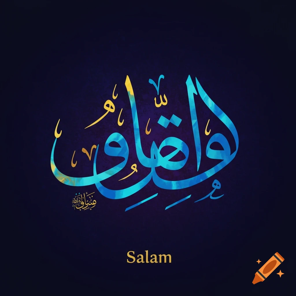 Arabic calligraphy in blue and gold gradient spelling "Salam" (peace) on a dark background.