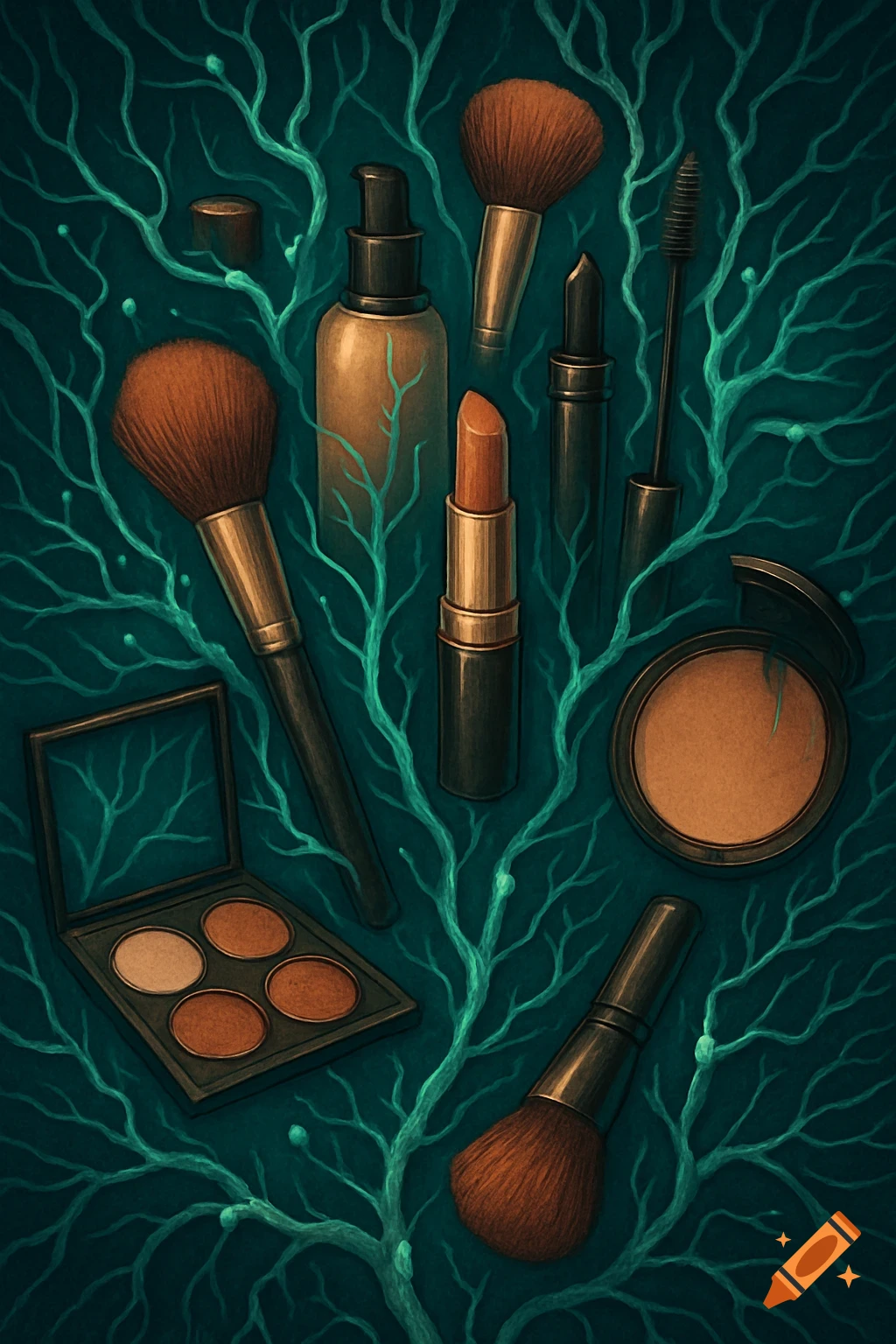Still life of makeup brushes, lipstick, foundation, and eyeshadow palette among stylized green branches.