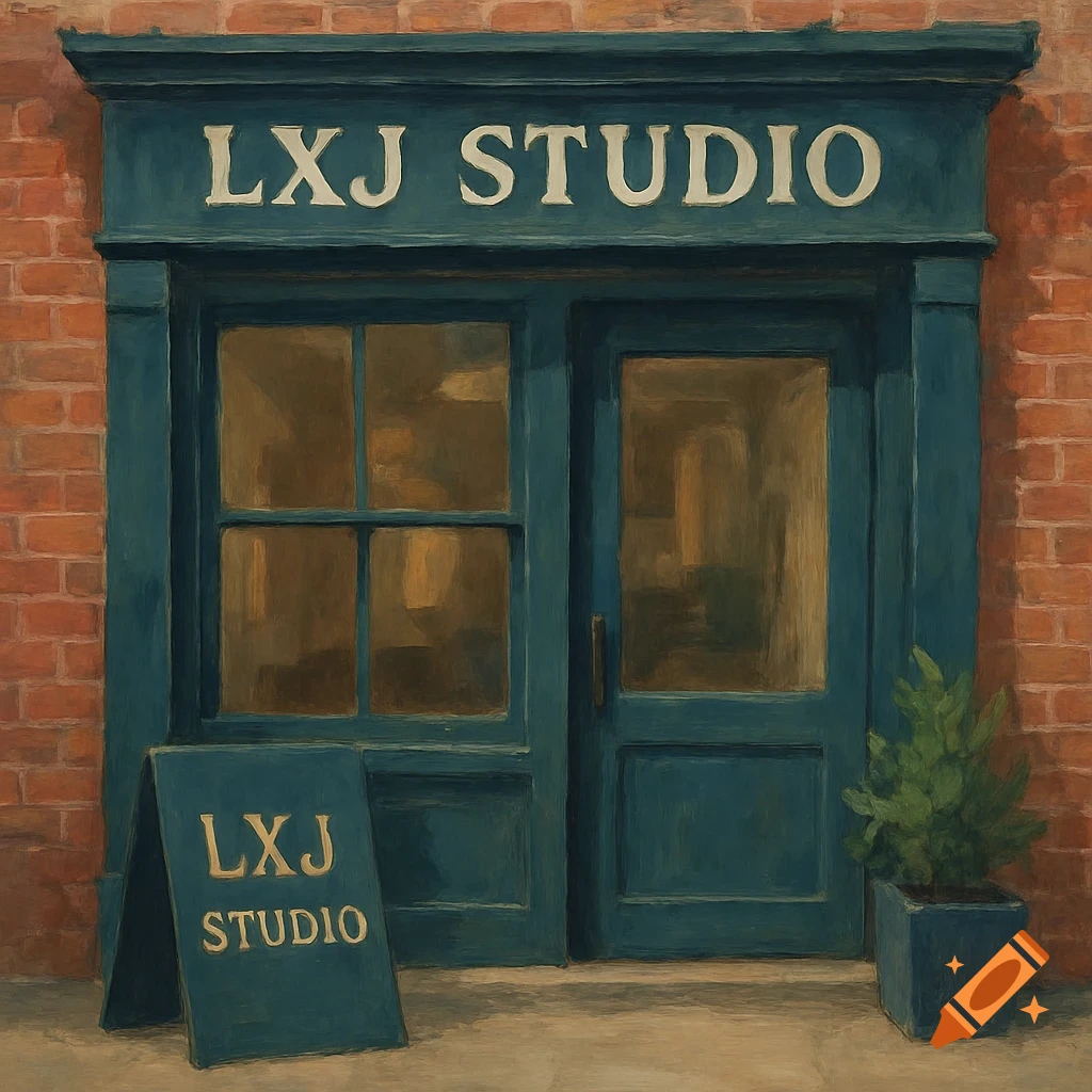 Painted style image of a storefront with a green door and brick wall, featuring signs that say 'LXJ STUDIO'.