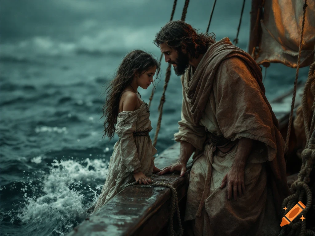 Jesus and a girl on a boat in stormy seas.