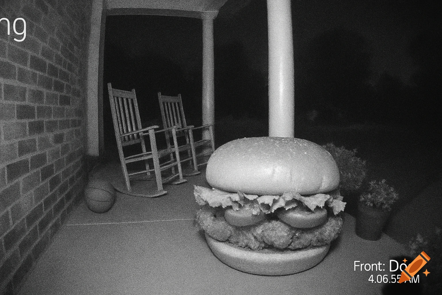 Giant chicken sandwich on a suburban porch at night, captured in grainy black and white Ring camera style footage.