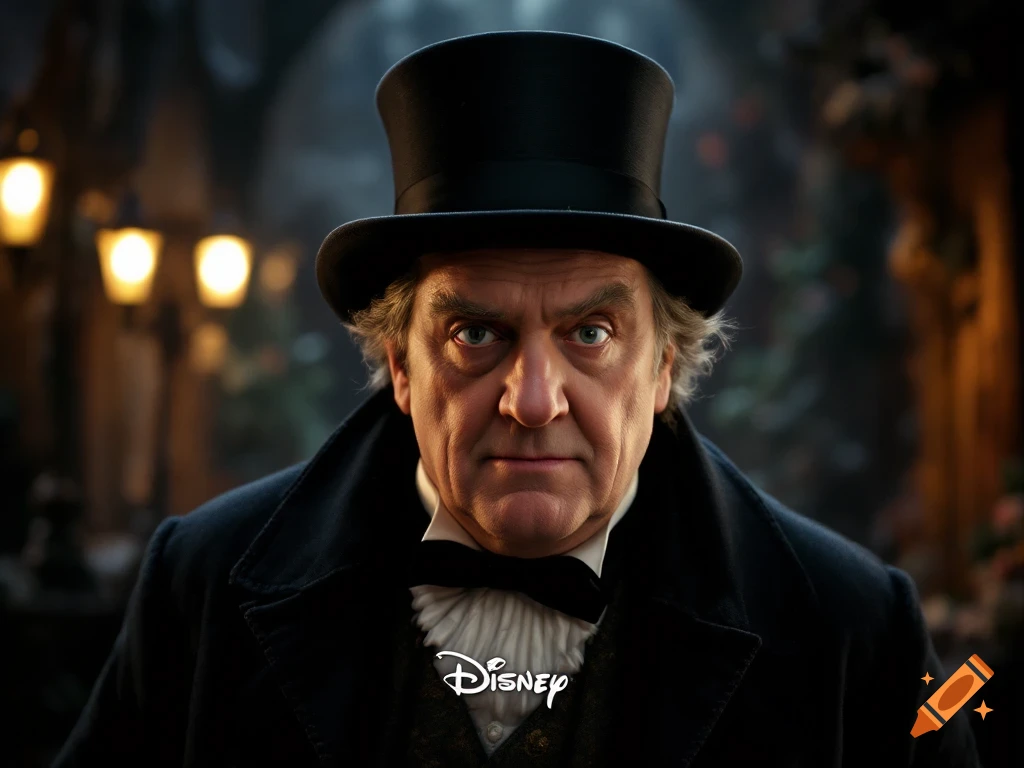 Close-up portrait of a man in a top hat and coat, looking serious, with a Disney logo on his chest.