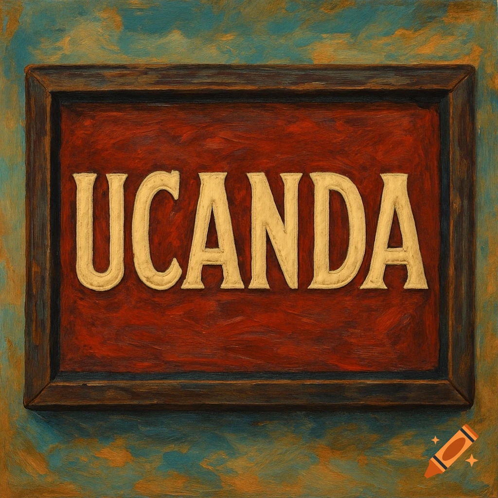 A painted sign in a wooden frame reading 'UCANDA' on a red background.