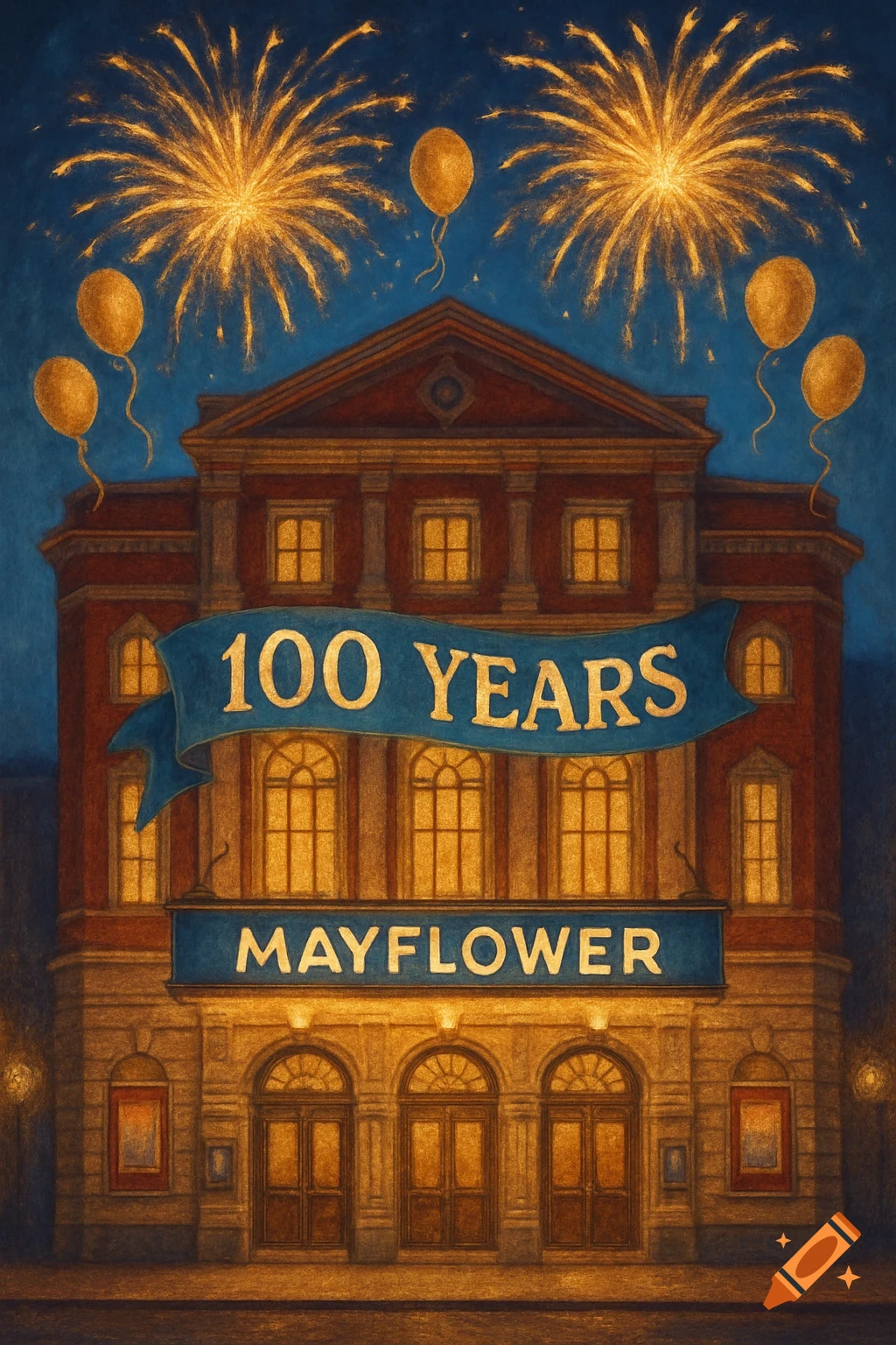 An illustrated theatre building with '100 YEARS' and 'MAYFLOWER' banners, fireworks, and balloons at night.