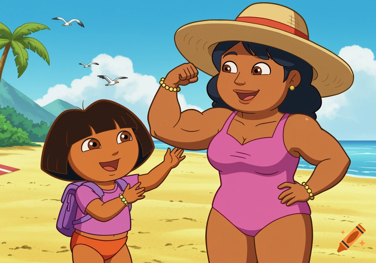 Cartoon of Dora the Explorer and her mother Mami flexing on a beach.